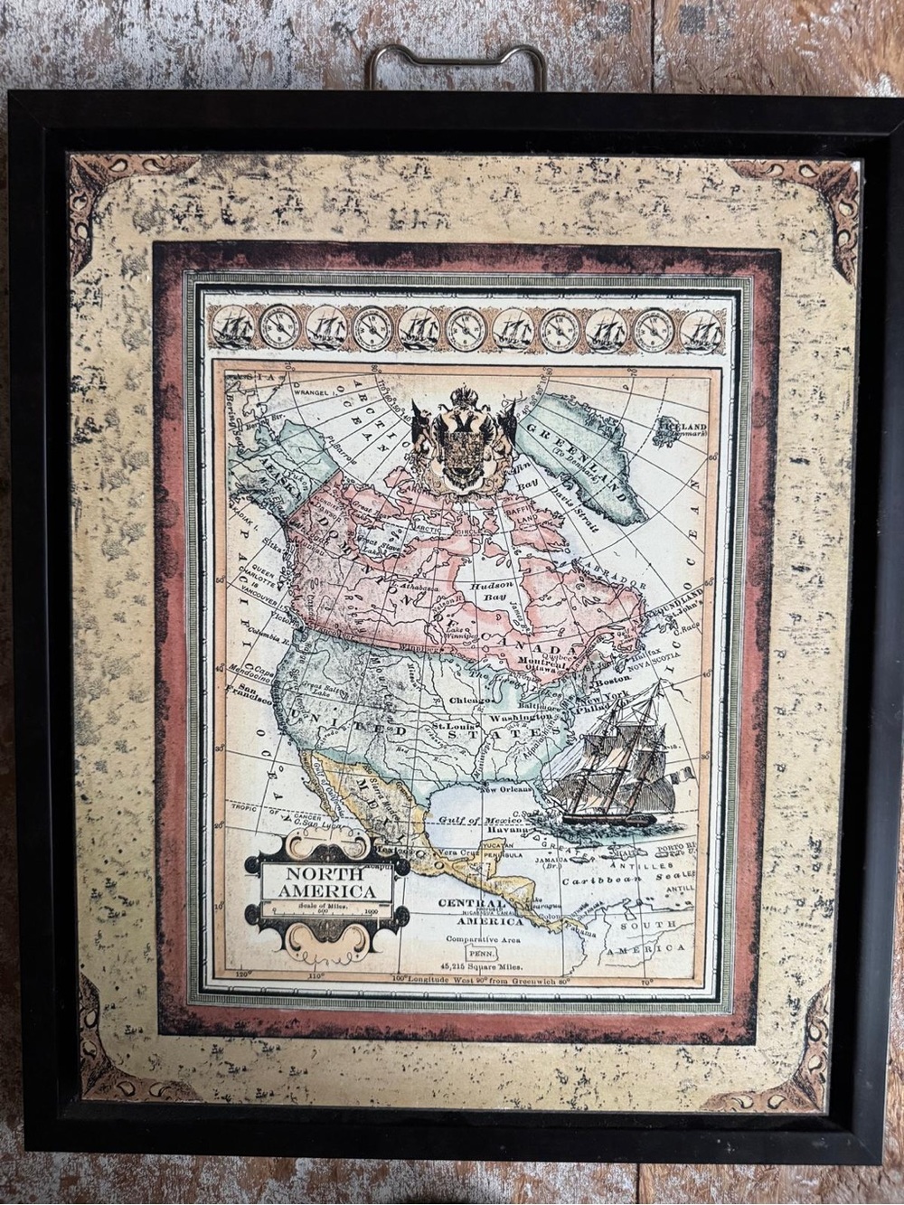 Framed Vintage North America Map Wall Art - Black Frame, Multicolor Map